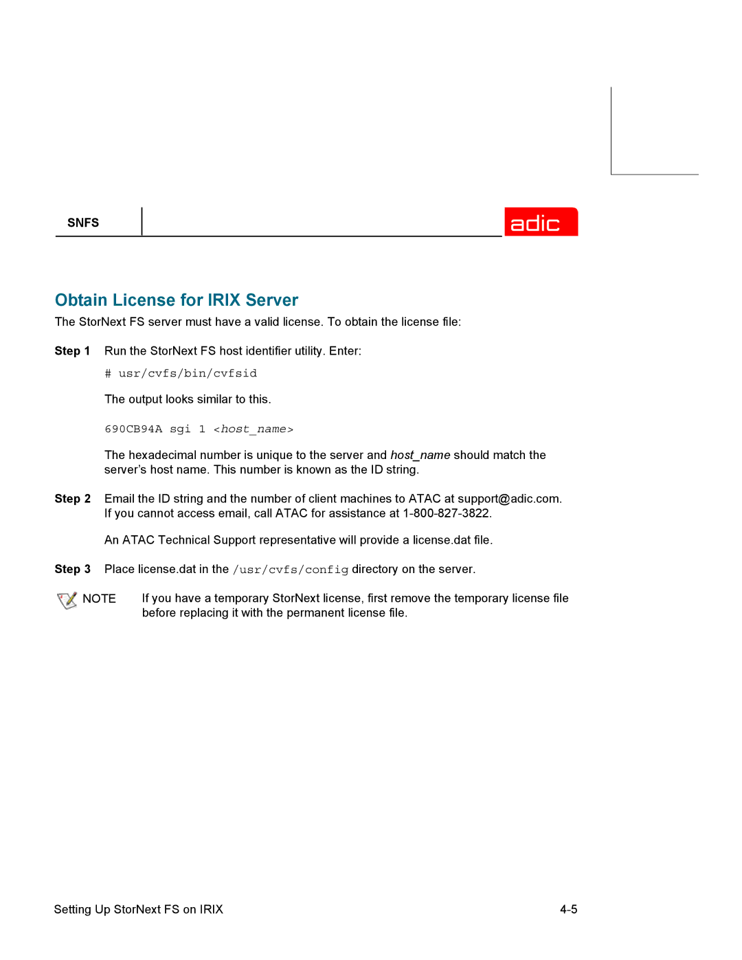 ADIC 2.2 manual Obtain License for Irix Server, 690CB94A sgi 1 hostname 