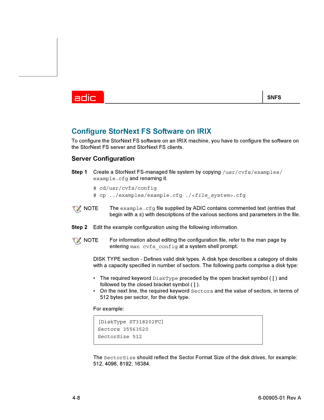 ADIC 2.2 manual Configure StorNext FS Software on Irix, Server Configuration 