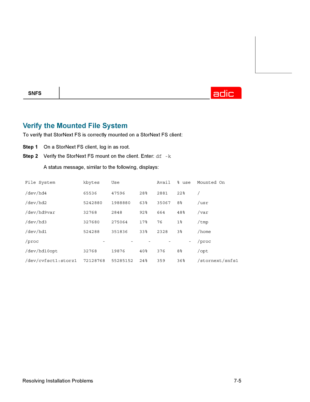 ADIC 2.2 manual Verify the Mounted File System 