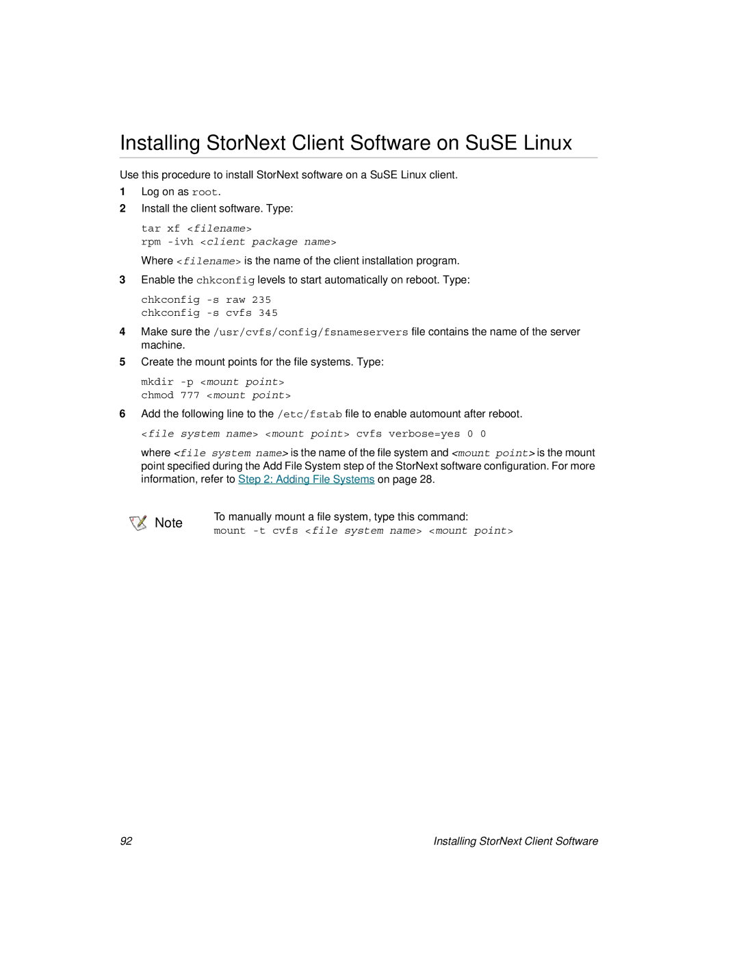 ADIC 2.8 manual Installing StorNext Client Software on SuSE Linux, Chkconfig -s raw 235 chkconfig -s cvfs 