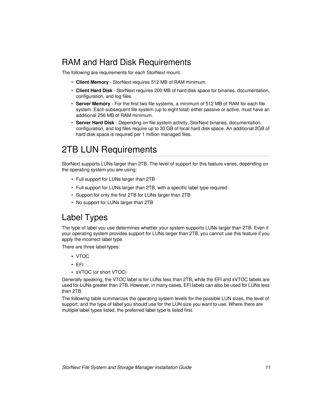 ADIC 2.8 manual 2TB LUN Requirements, RAM and Hard Disk Requirements, Label Types 