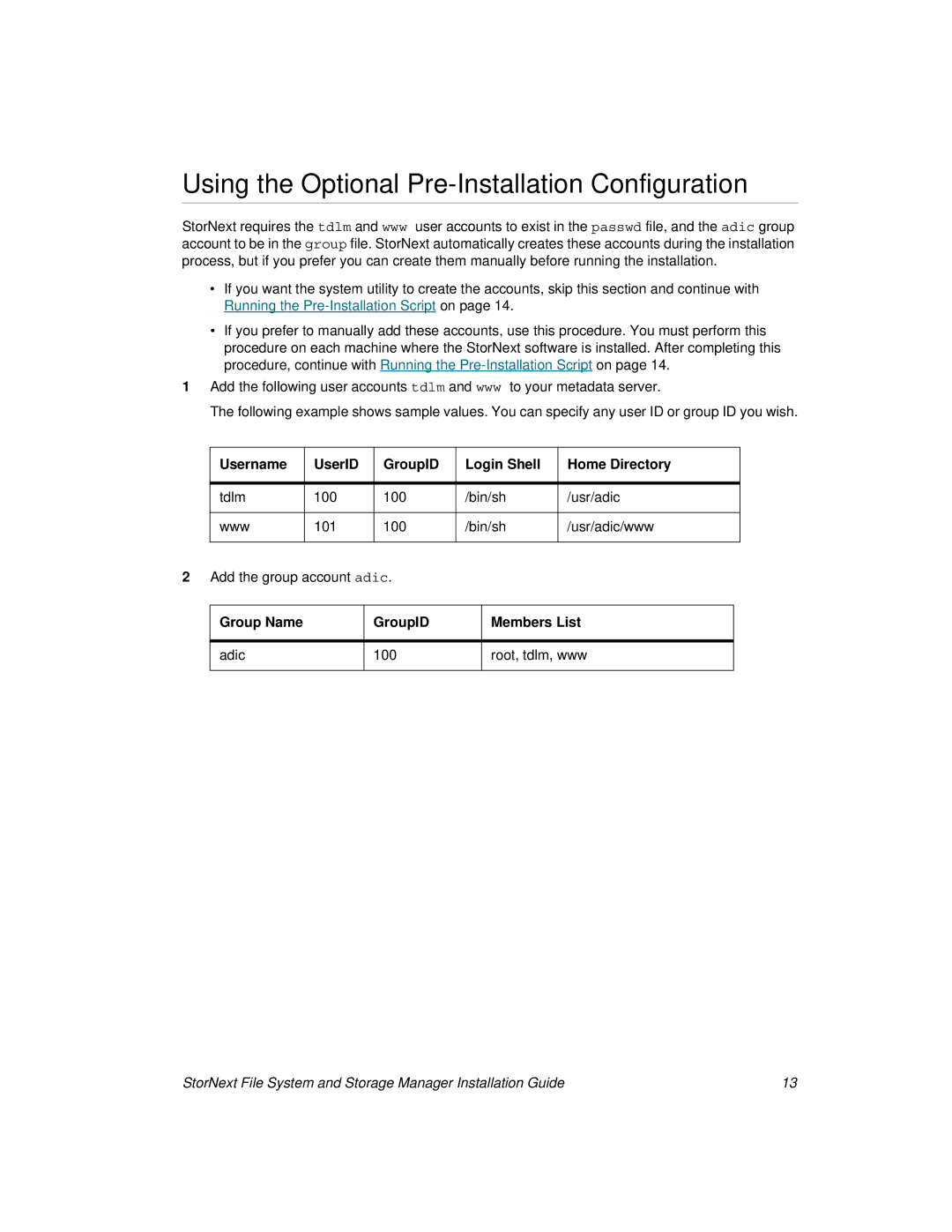 ADIC 2.8 manual Using the Optional Pre-Installation Configuration, Username UserID GroupID Login Shell Home Directory 