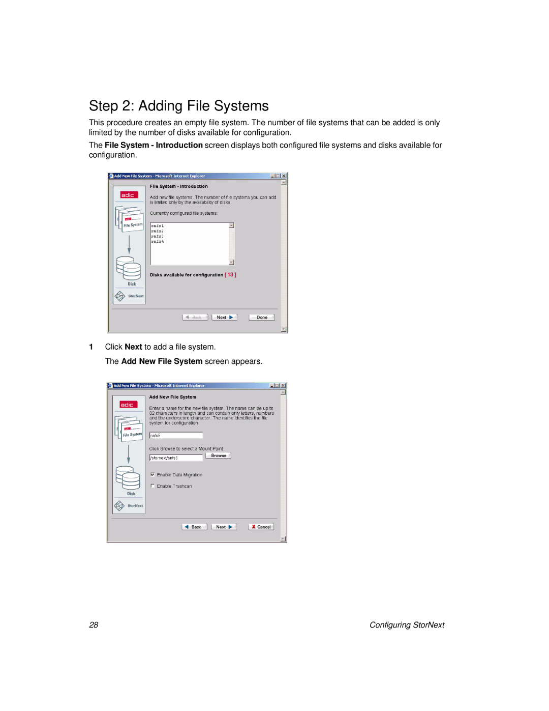 ADIC 2.8 manual Adding File Systems, Add New File System screen appears 