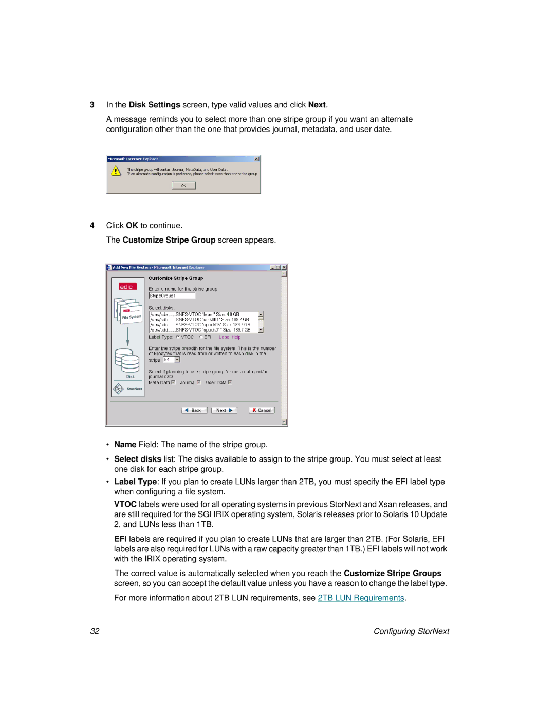 ADIC 2.8 manual Disk Settings screen, type valid values and click Next, Customize Stripe Group screen appears 