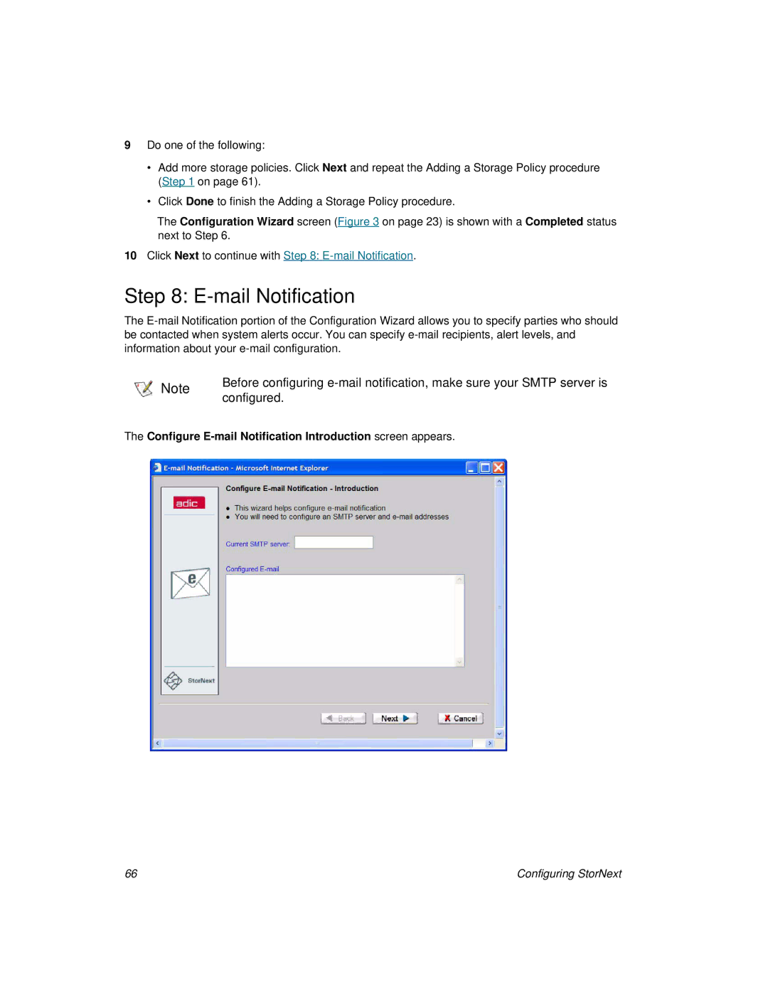 ADIC 2.8 manual Mail Notification, Configure E-mail Notification Introduction screen appears 