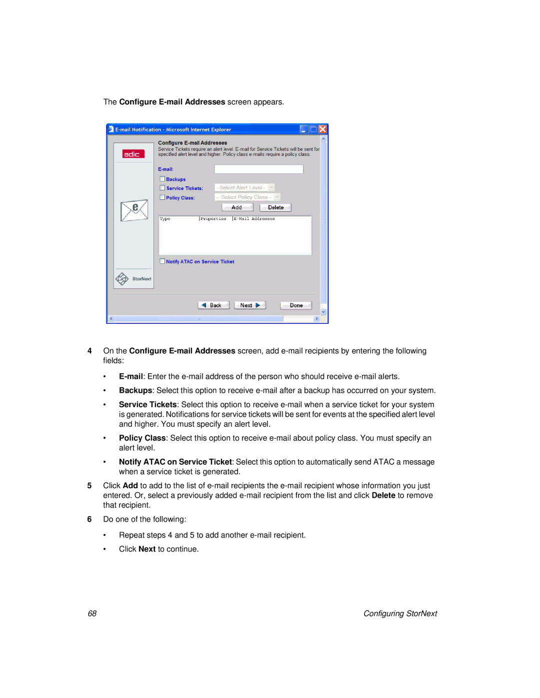 ADIC 2.8 manual Configure E-mail Addresses screen appears 