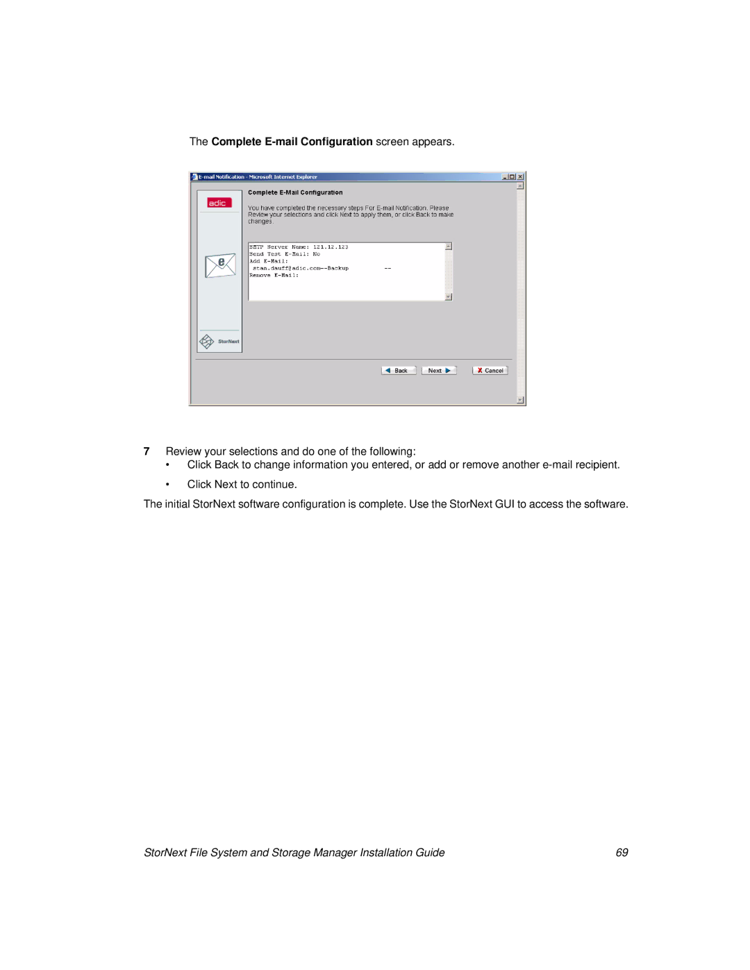 ADIC 2.8 manual Complete E-mail Configuration screen appears 