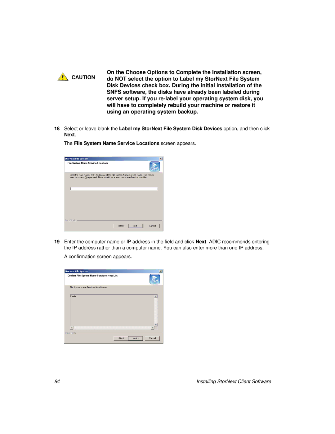 ADIC 2.8 manual File System Name Service Locations screen appears 