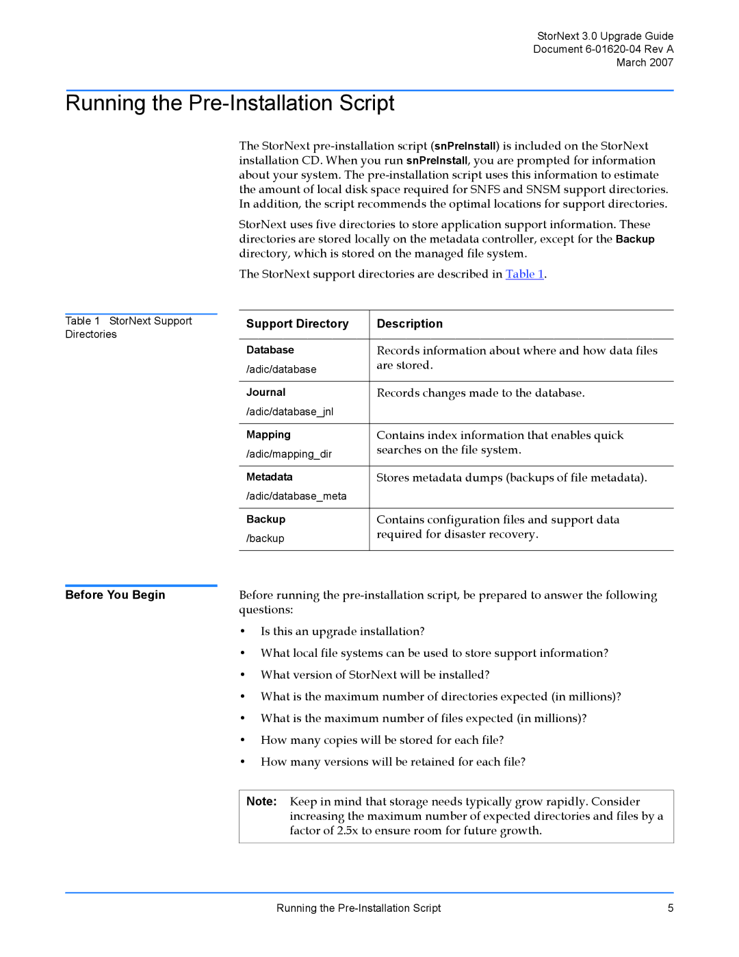 ADIC 3 manual Running the Pre-Installation Script, Before You Begin, Support Directory Description 