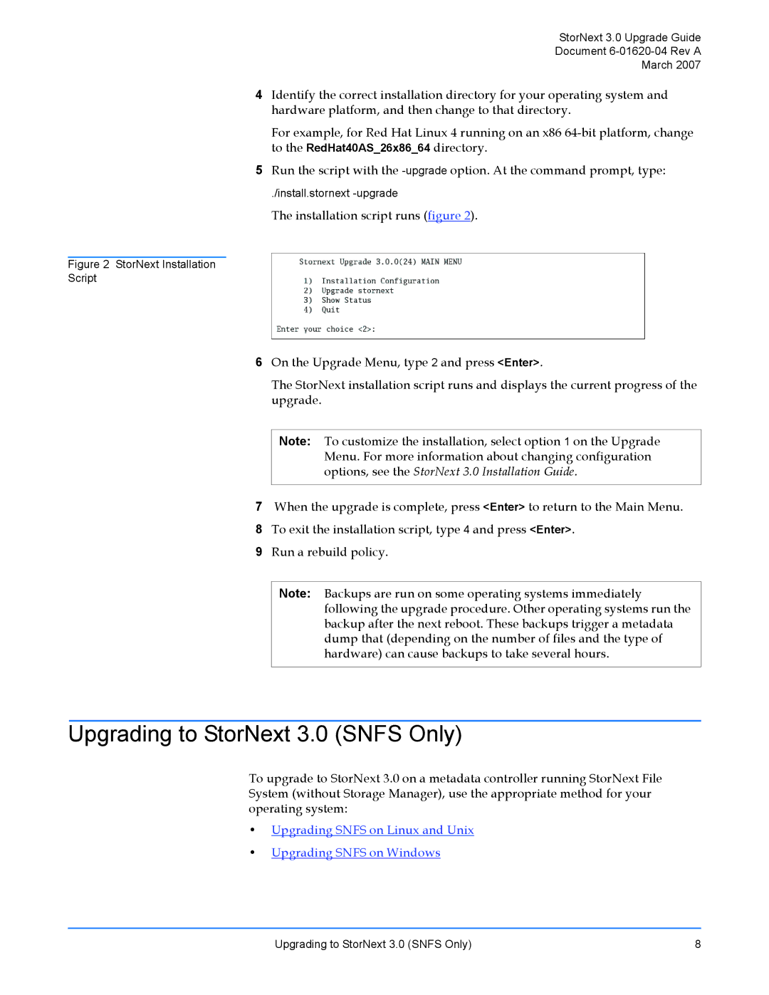 ADIC manual Upgrading to StorNext 3.0 Snfs Only, Upgrading Snfs on Linux and Unix Upgrading Snfs on Windows 