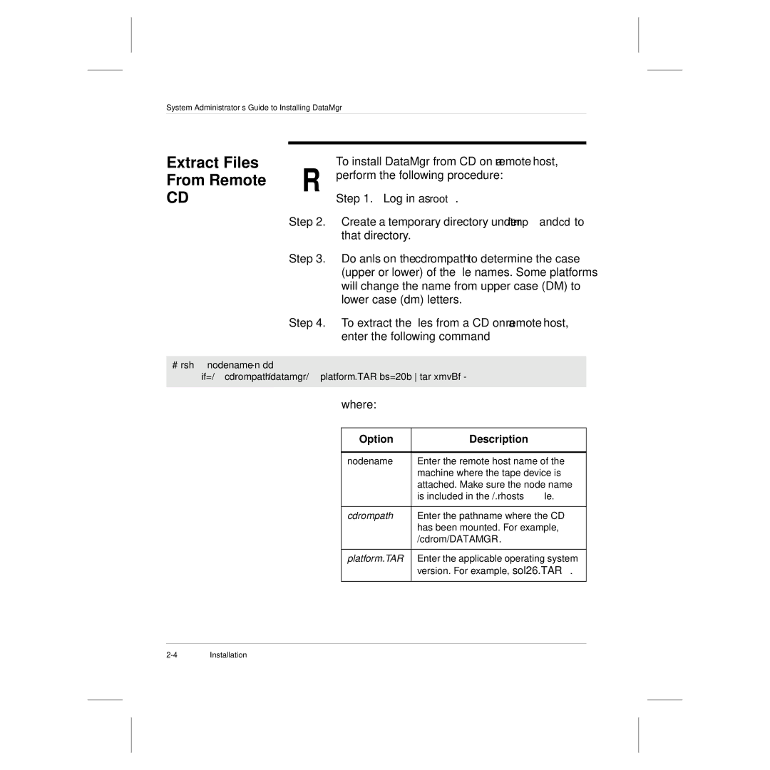 ADIC 3.5 manual Extract Files From Remote R, Option Description 