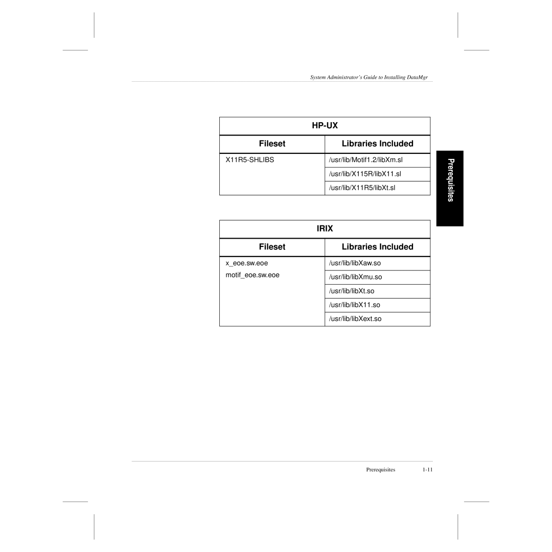 ADIC 3.5 manual Hp-Ux, Irix, Fileset, Libraries Included, Prerequisites 
