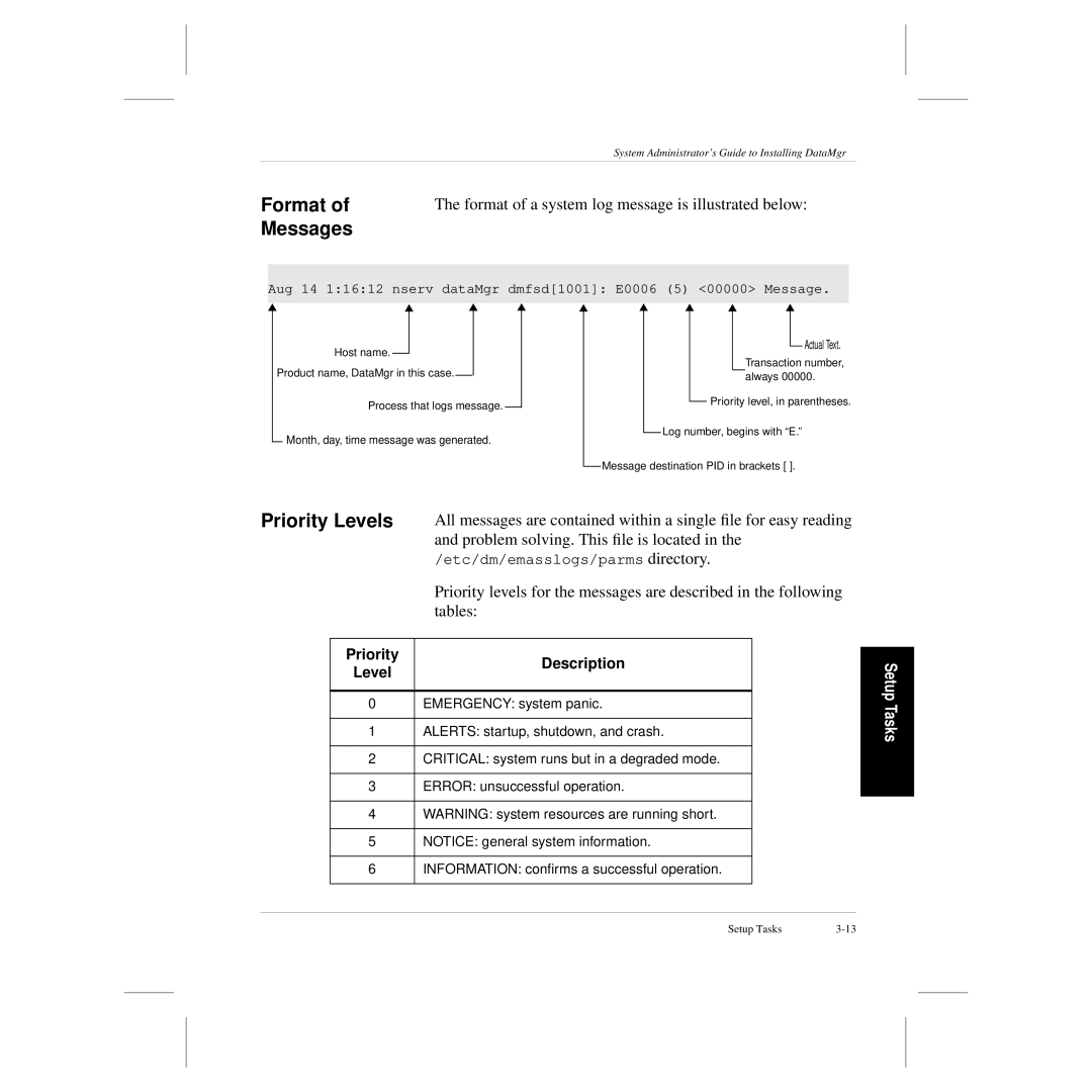 ADIC 3.5 manual Format of, Messages, Priority Levels, Description, Setup Tasks 