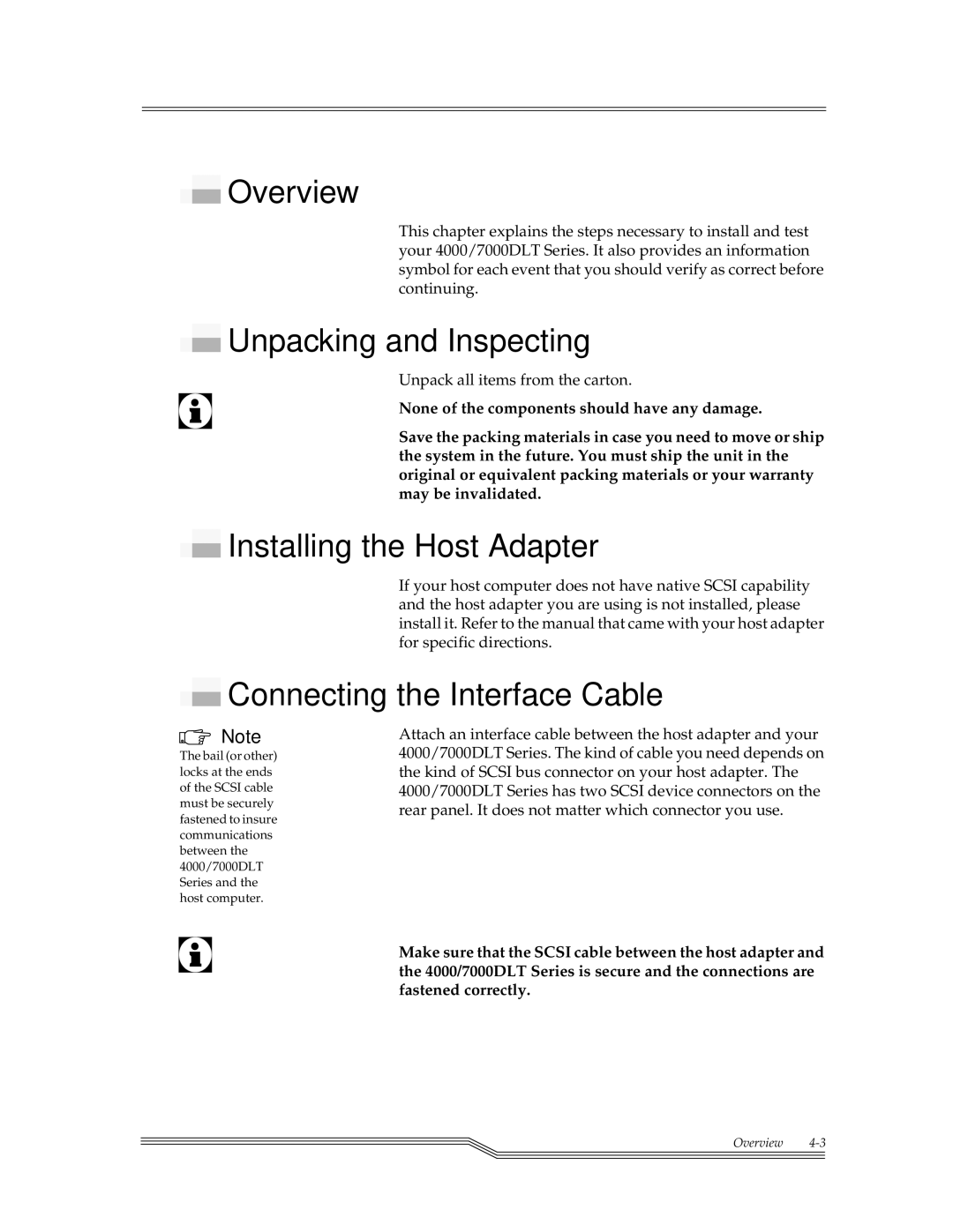 ADIC 7000DLT, 4000 Unpacking and Inspecting, Installing the Host Adapter, Connecting the Interface Cable 