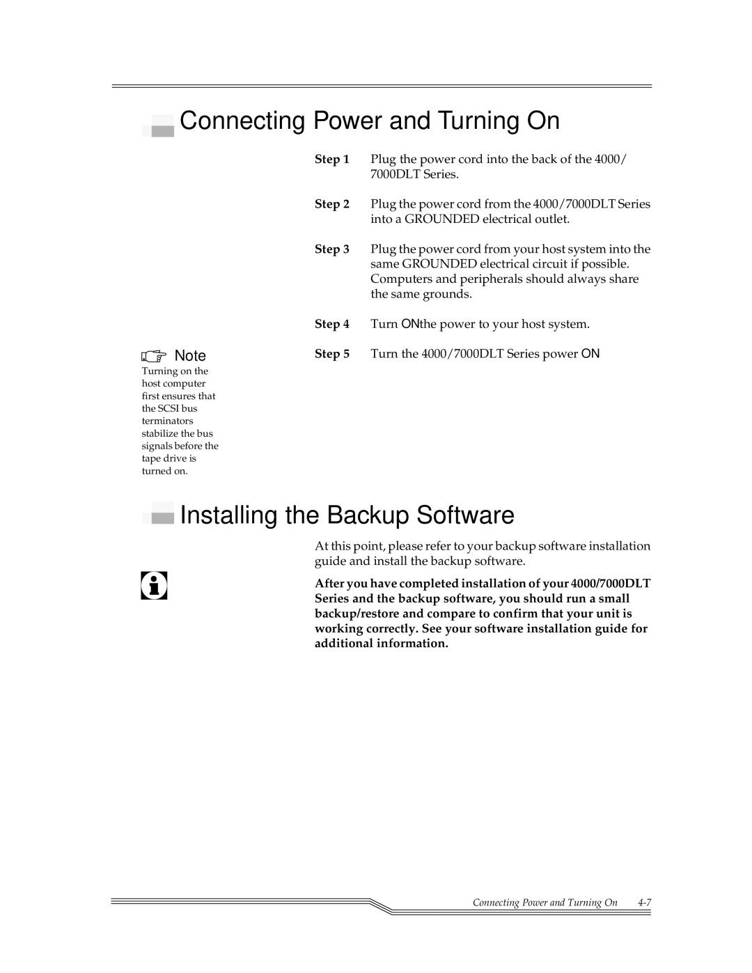 ADIC 7000DLT, 4000 installation and operation guide Connecting Power and Turning On, Installing the Backup Software 