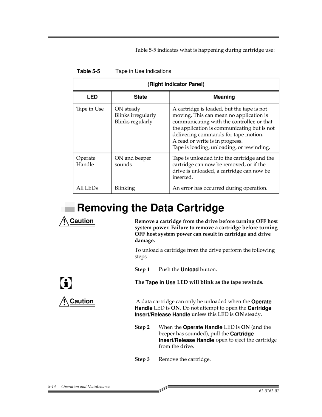 ADIC 4000, 7000DLT installation and operation guide Removing the Data Cartridge, Right Indicator Panel, State Meaning 