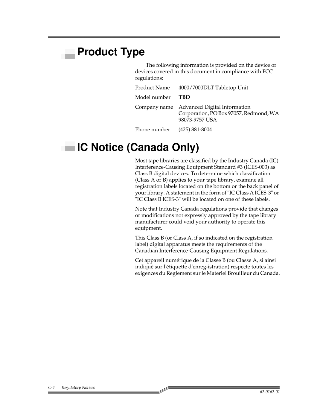 ADIC 4000, 7000DLT installation and operation guide Product Type, IC Notice Canada Only 