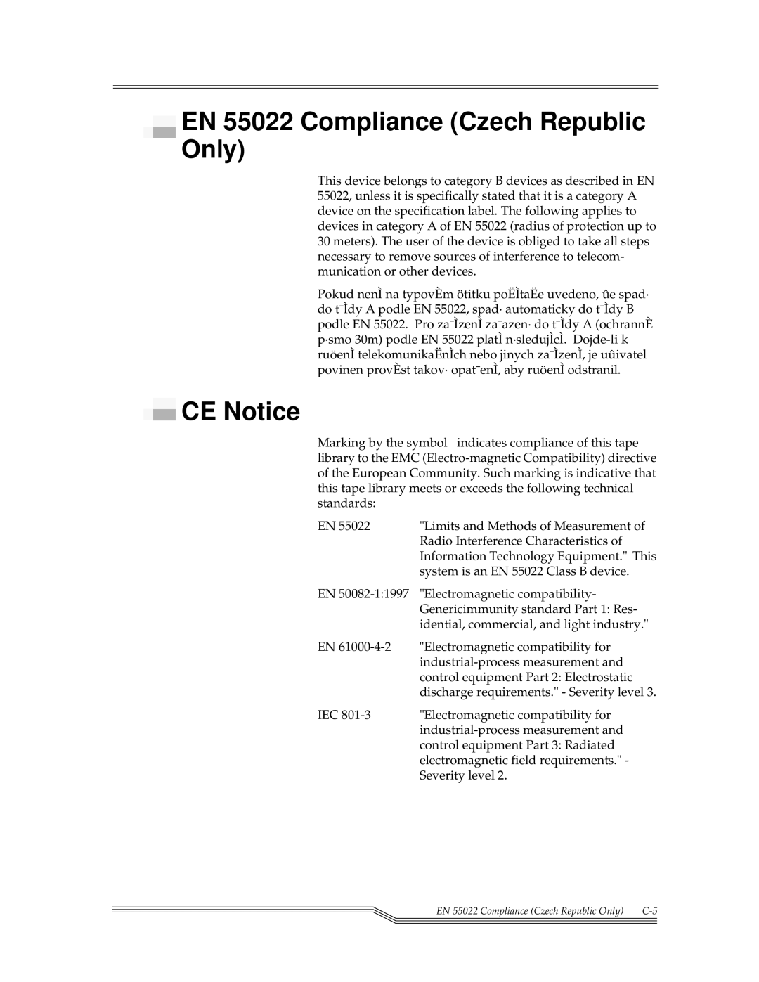 ADIC 7000DLT, 4000 installation and operation guide EN 55022 Compliance Czech Republic Only, CE Notice 