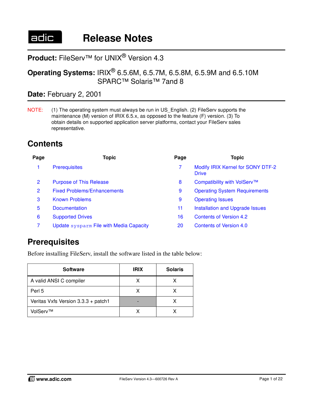 ADIC 4.3 manual Contents, Prerequisites 