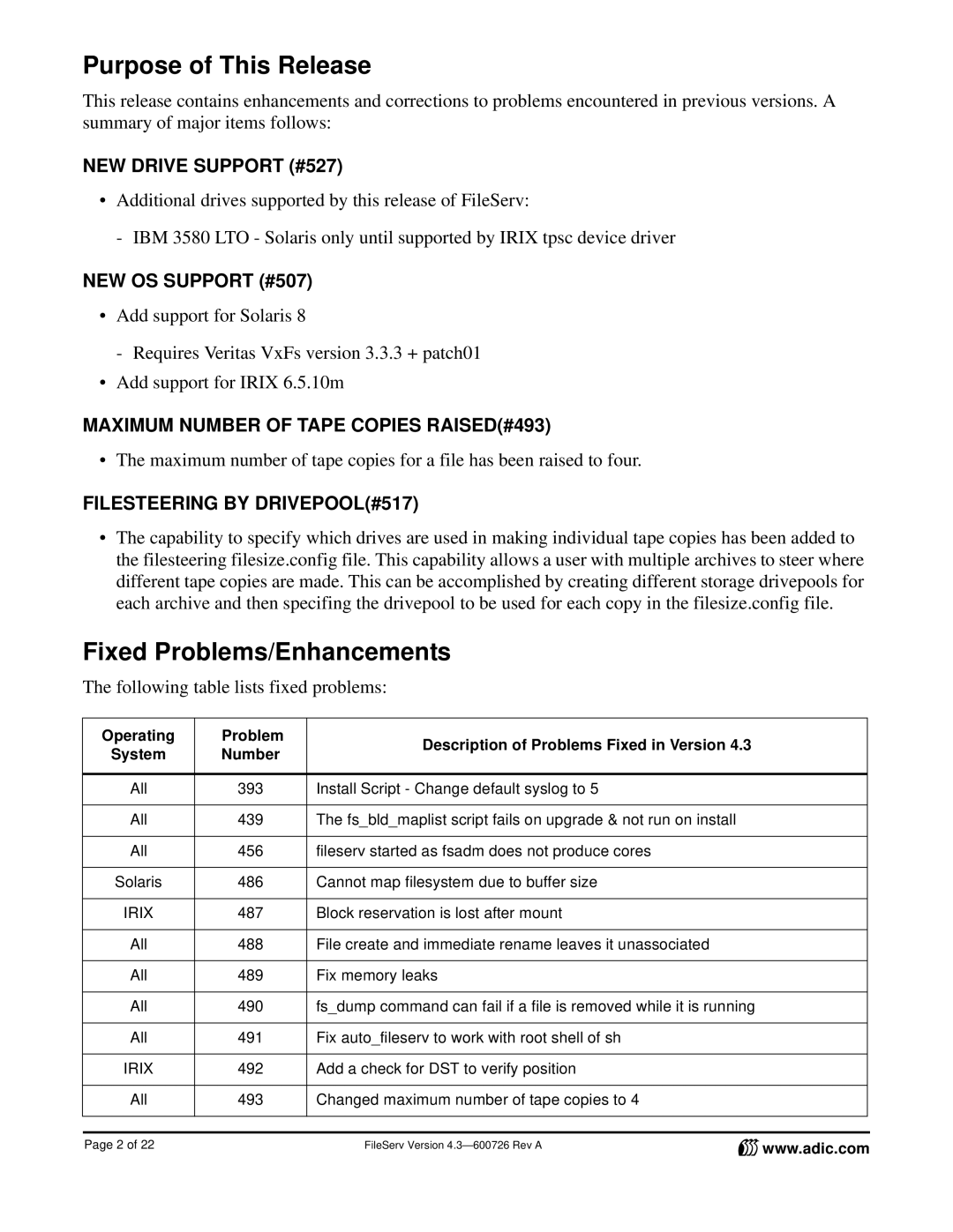 ADIC 4.3 manual Purpose of This Release, Fixed Problems/Enhancements 