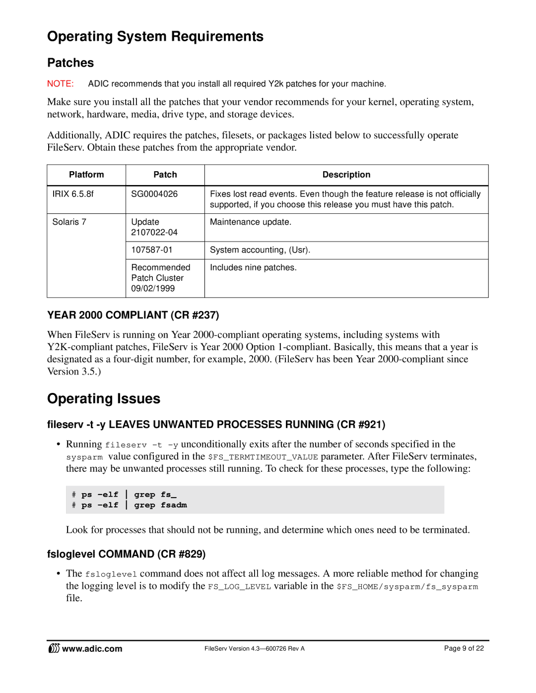 ADIC 4.3 Operating System Requirements, Operating Issues, Patches, Year 2000 Compliant CR #237, Platform Patch Description 