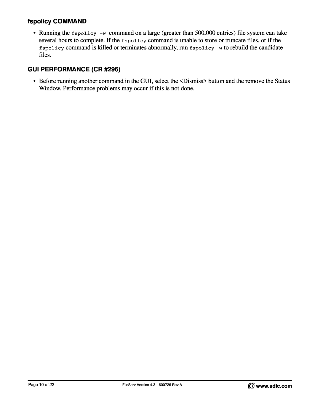 ADIC 4.3 manual fspolicy COMMAND, GUI PERFORMANCE CR #296, Page 10 of 