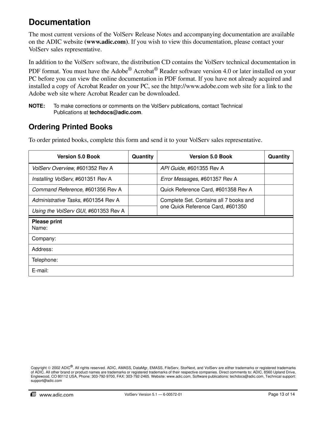 ADIC 5.1 installation instructions Documentation, Ordering Printed Books 