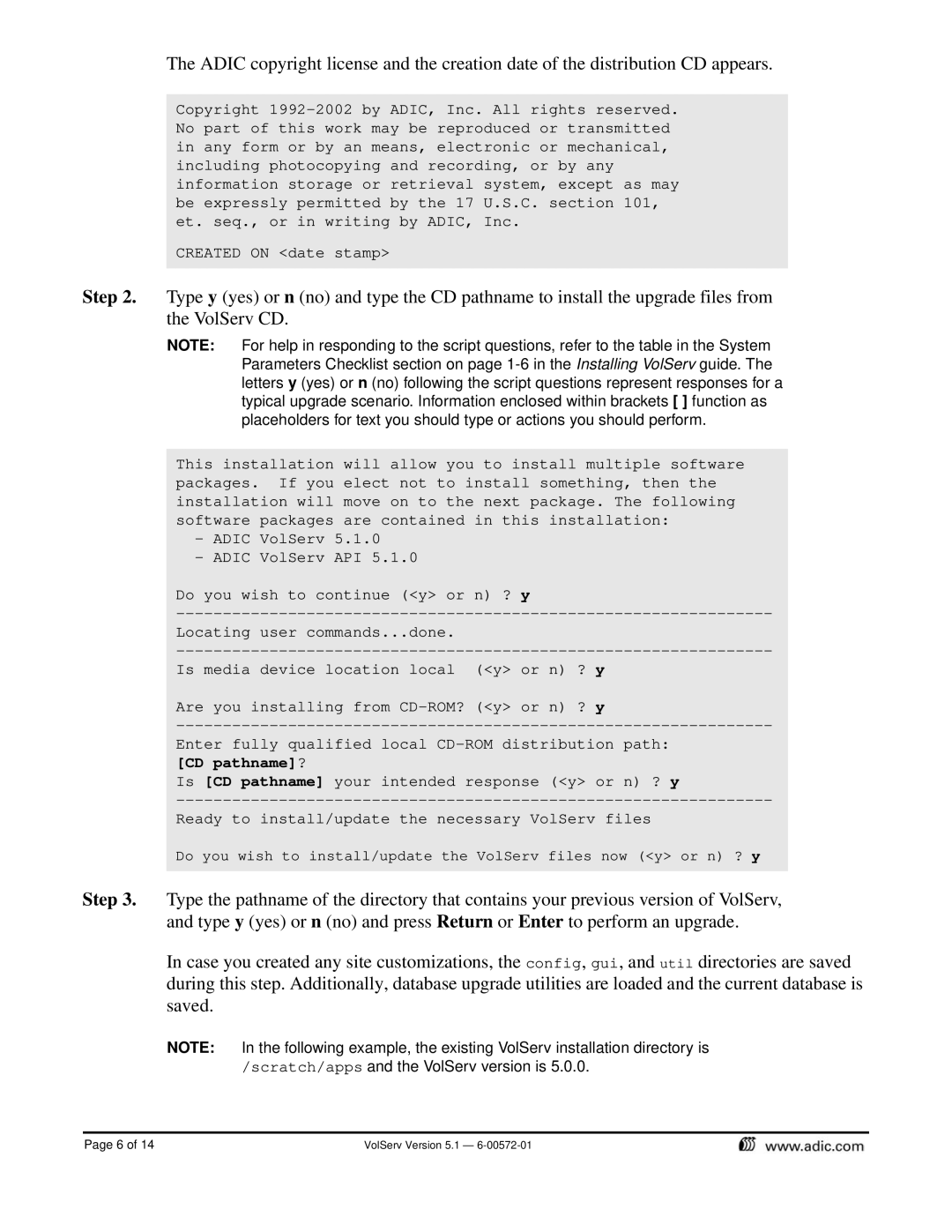 ADIC installation instructions VolServ Version 5.1 