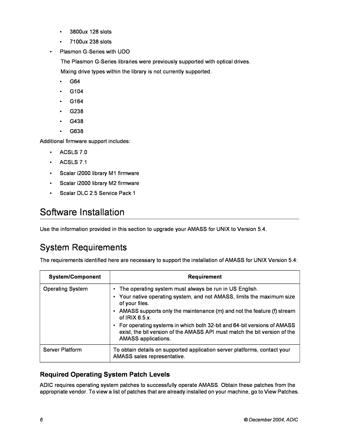 ADIC 5.4 manual Software Installation, System Requirements, Required Operating System Patch Levels, System/Component 