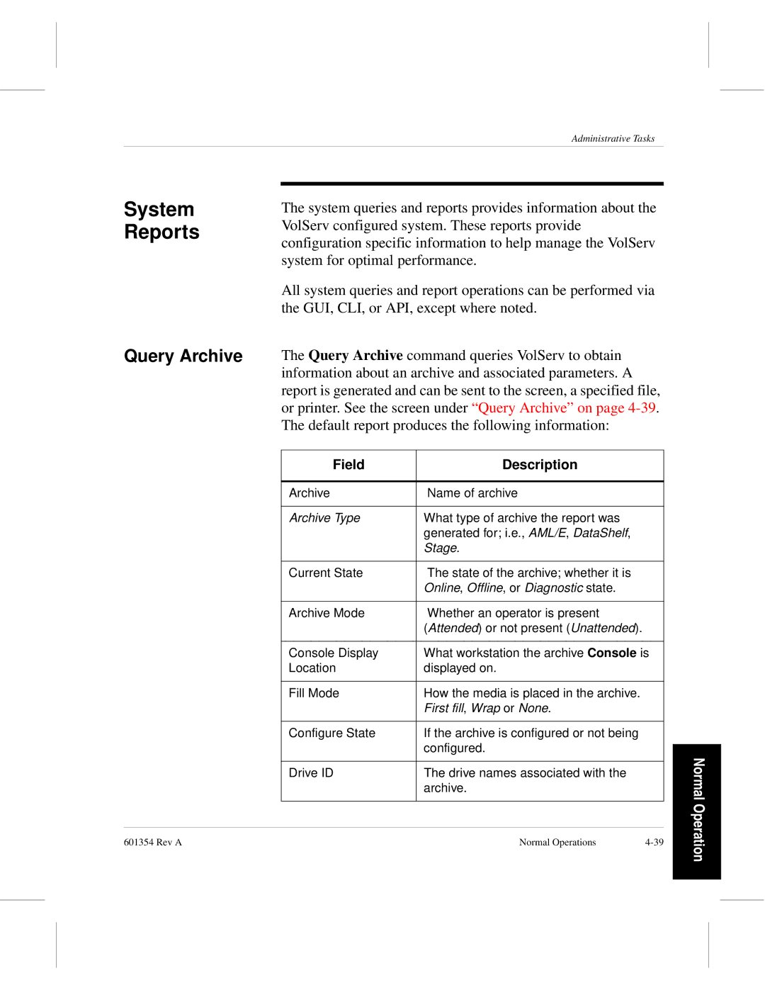 ADIC 601354 manual System Reports, Query Archive, Field Description 