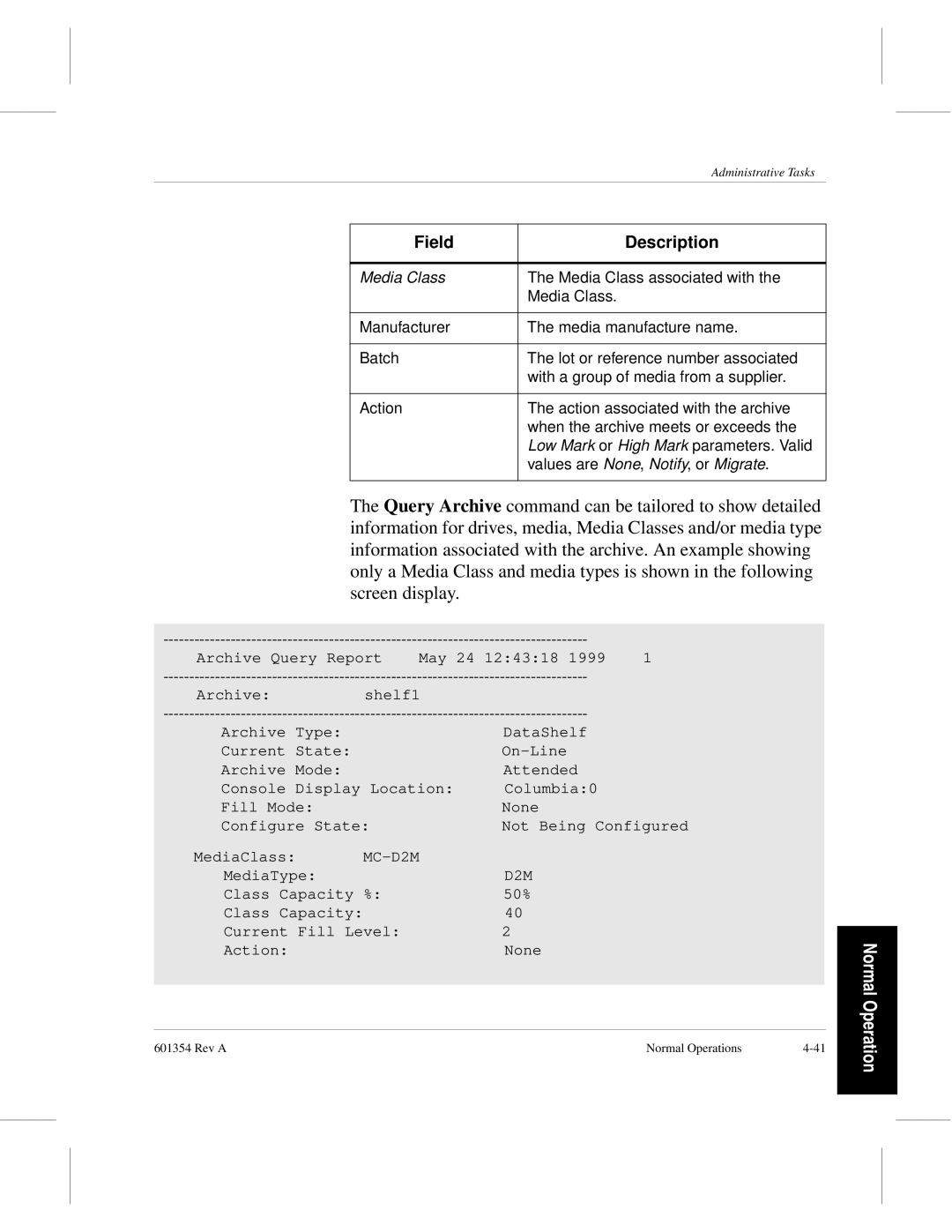 ADIC 601354 manual Field Description 