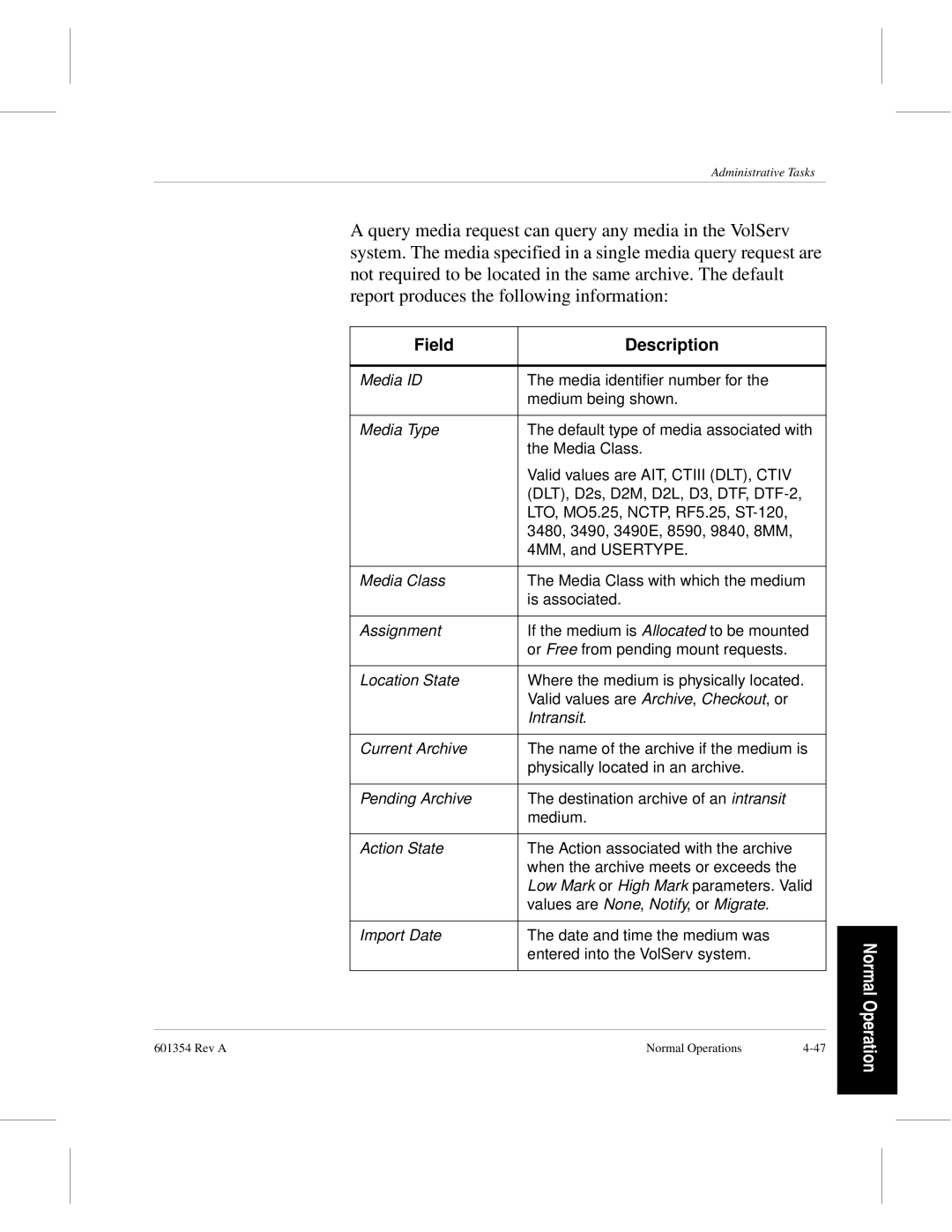 ADIC 601354 manual Field Description 