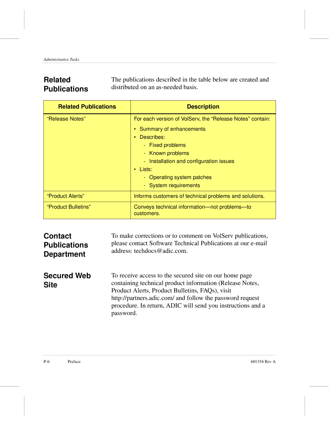 ADIC 601354 manual Contact Publications Department Secured Web Site, Related Publications Description 