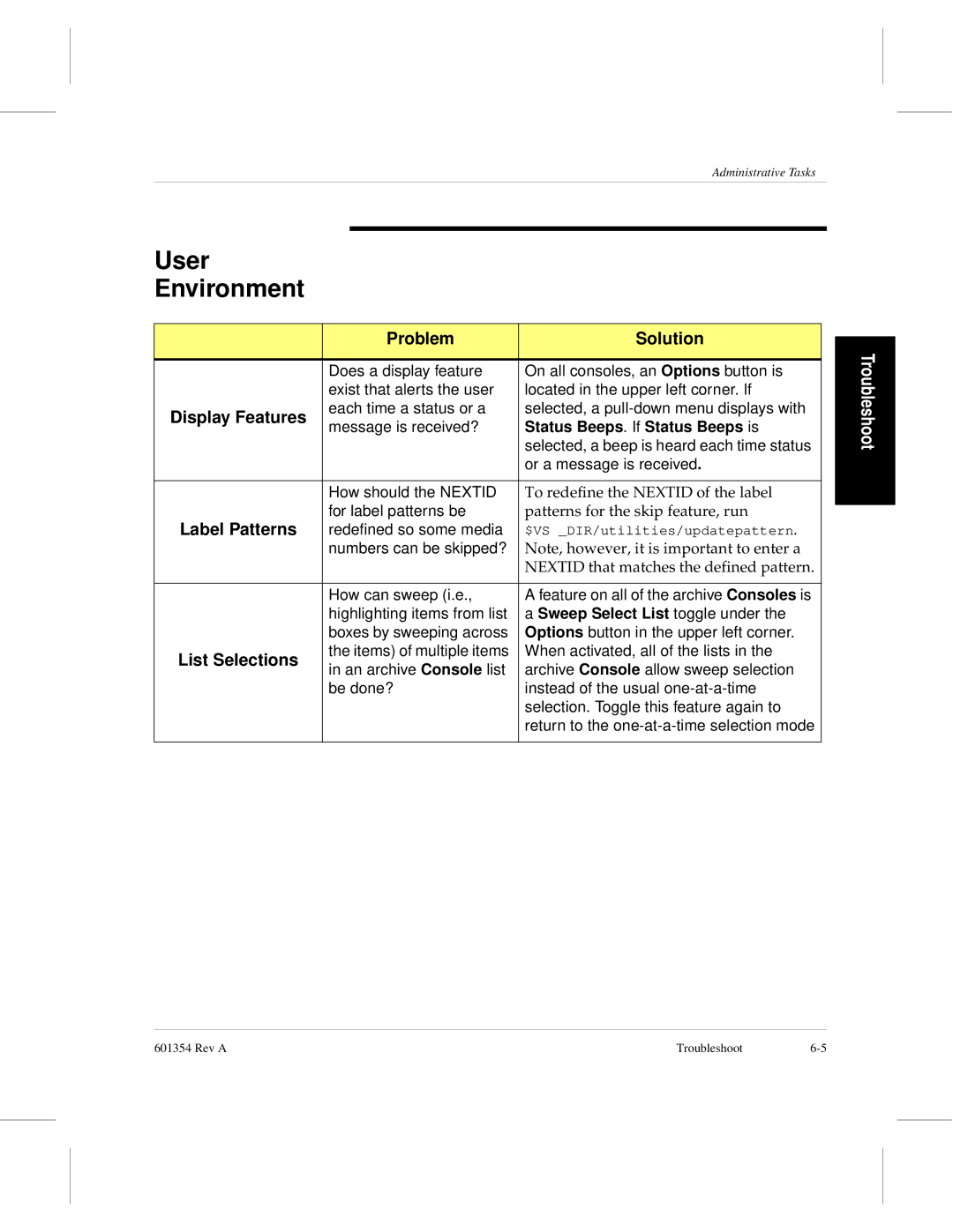 ADIC 601354 manual User Environment, Problem Solution, Display Features, Status Beeps. If Status Beeps is, Label Patterns 