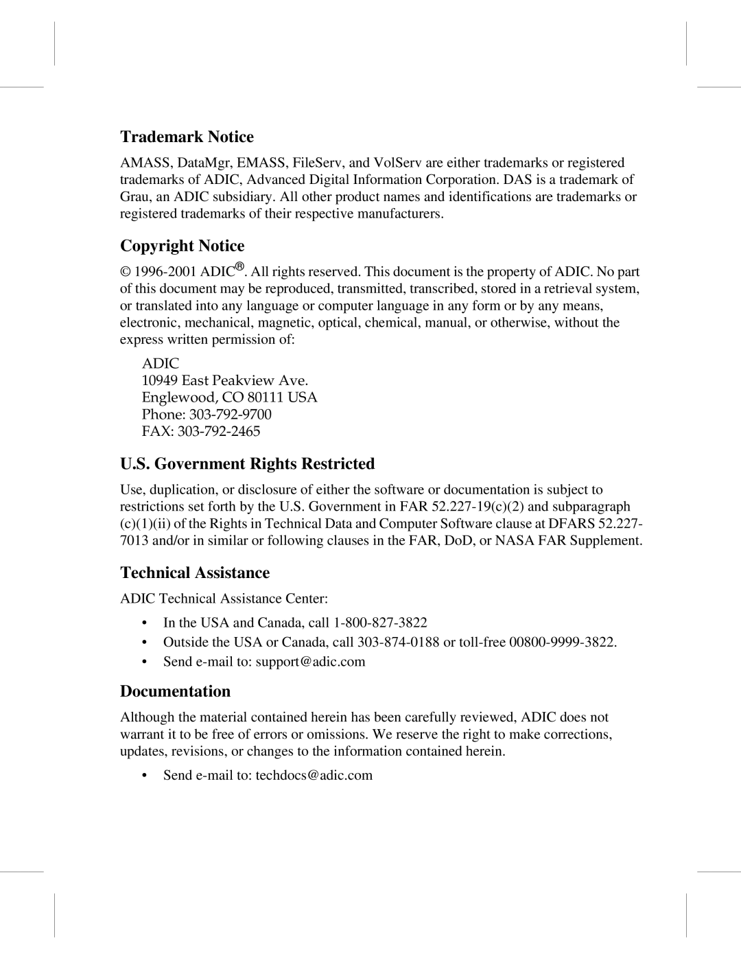 ADIC 601354 manual Trademark Notice 