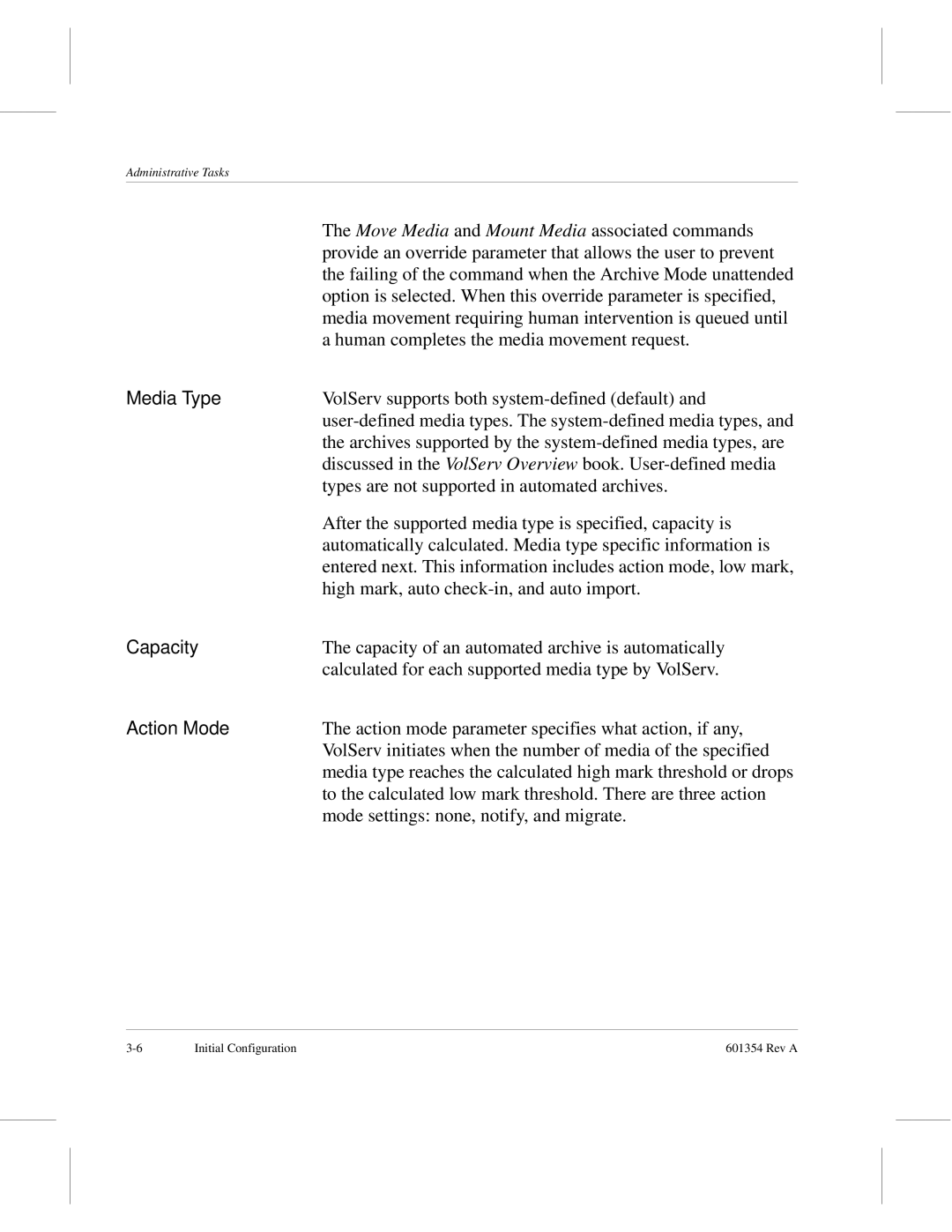 ADIC 601354 manual Media Type, Capacity, Action Mode 