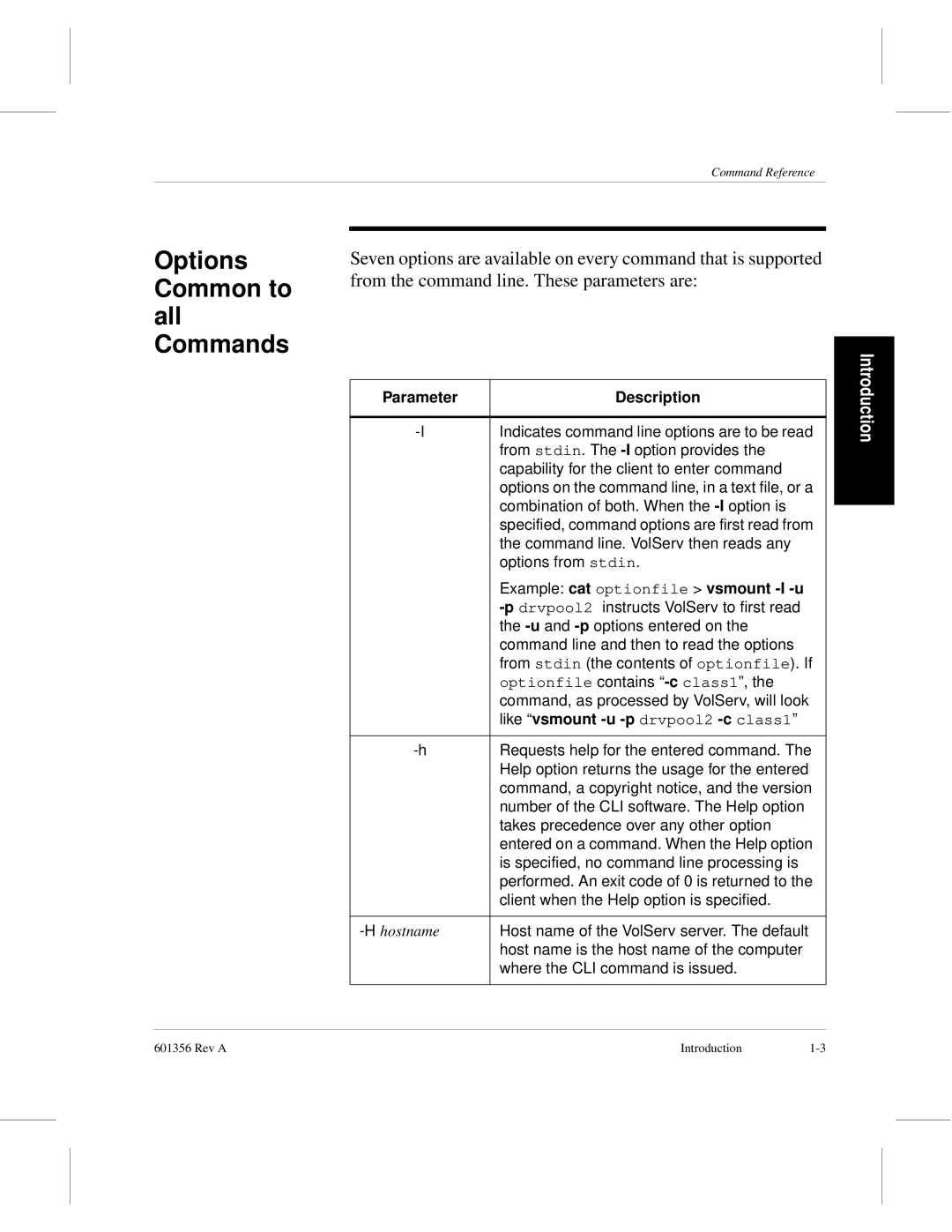 ADIC 601356 manual Options Common to all Commands, Parameter Description, Example cat optionfile vsmount -I -u 