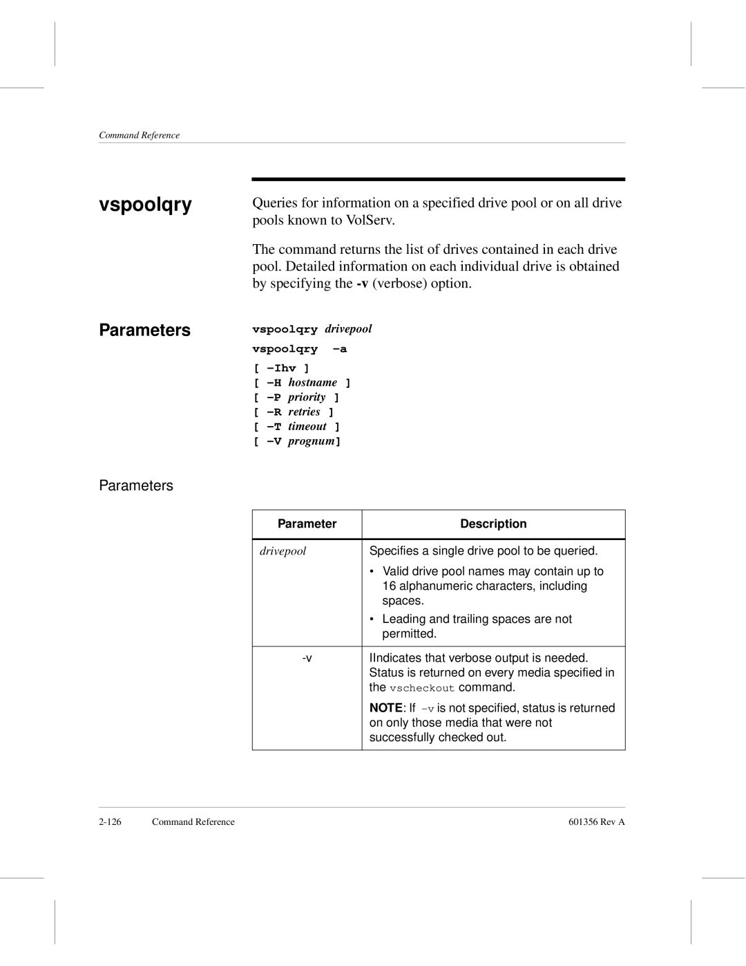 ADIC 601356 manual Vspoolqry, Parameter Description 