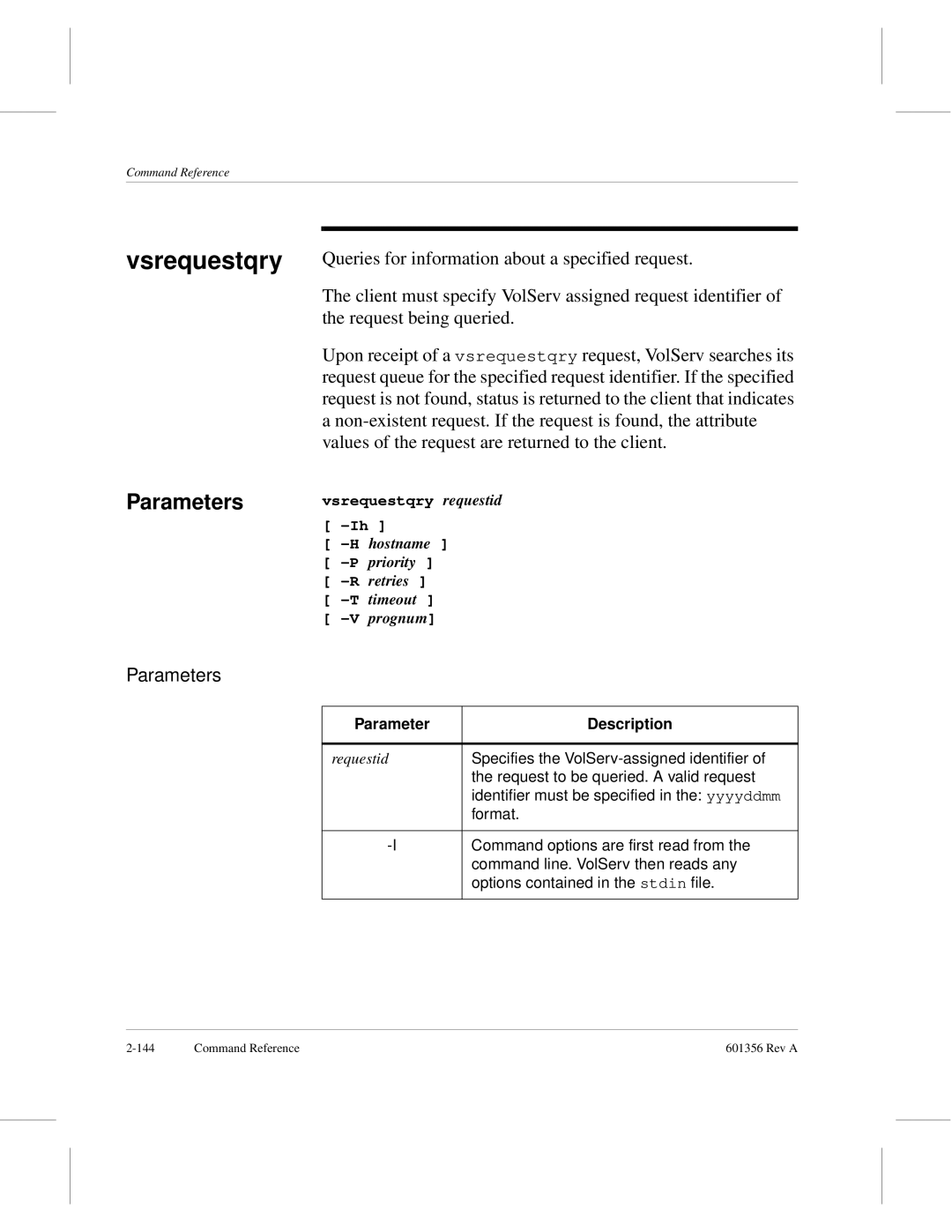 ADIC 601356 manual Vsrequestqry, Parameter Description 