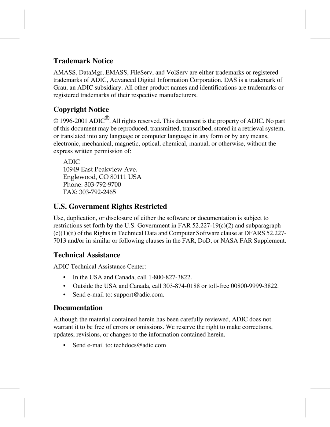 ADIC 601356 manual Trademark Notice 