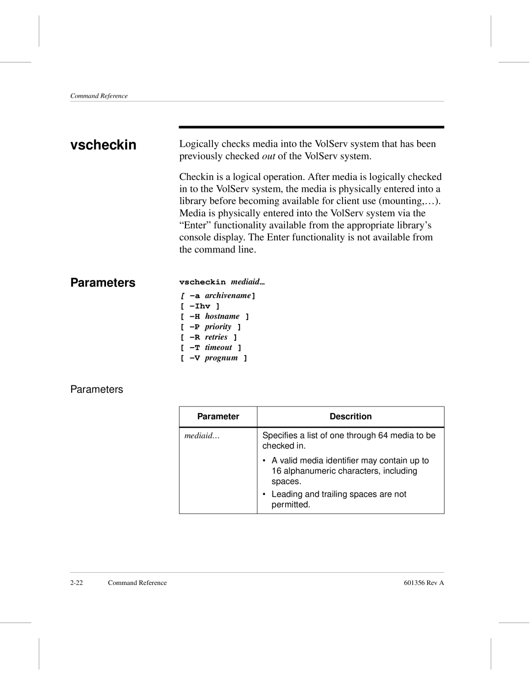 ADIC 601356 manual Vscheckin, Parameter Descrition 