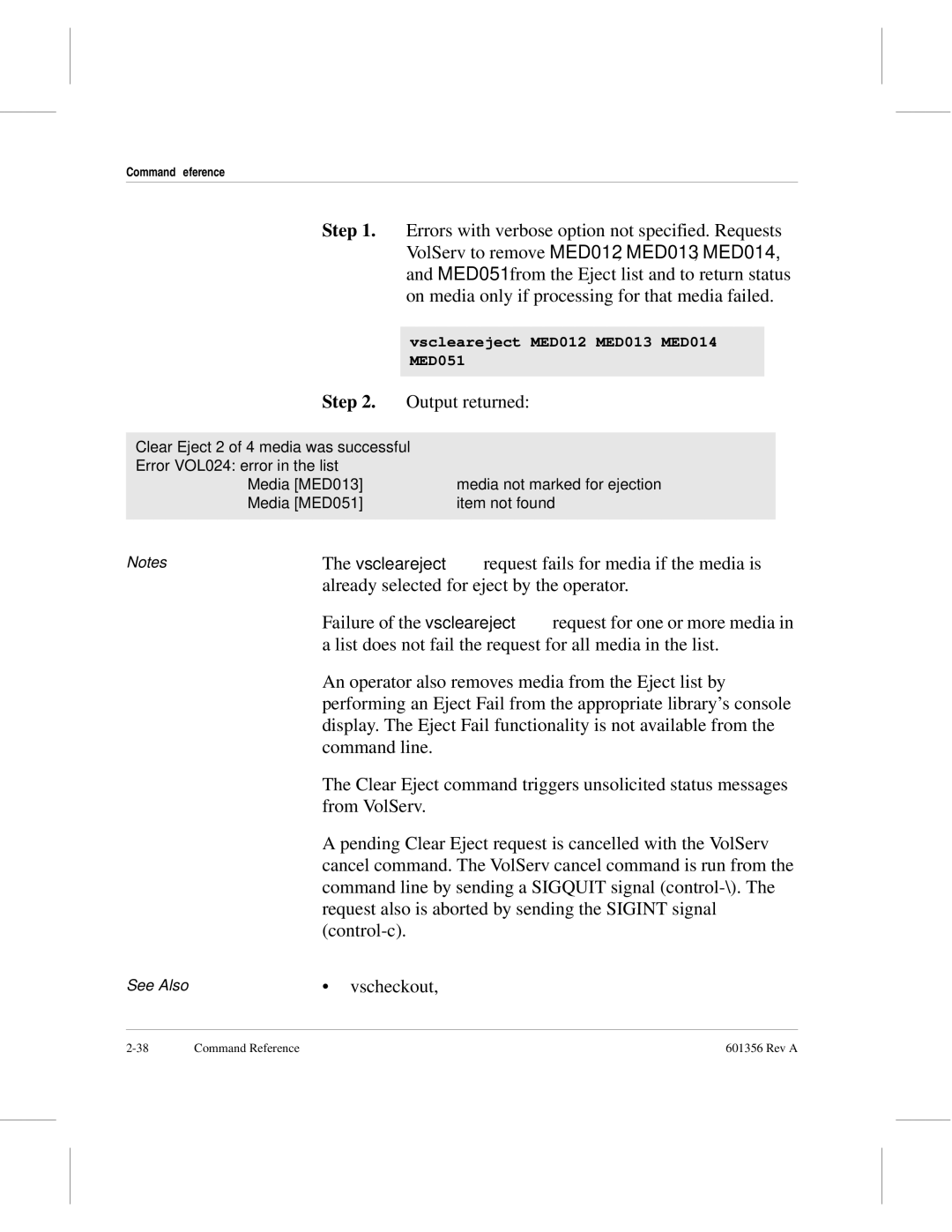 ADIC 601356 manual Vscleareject request fails for media if the media is 