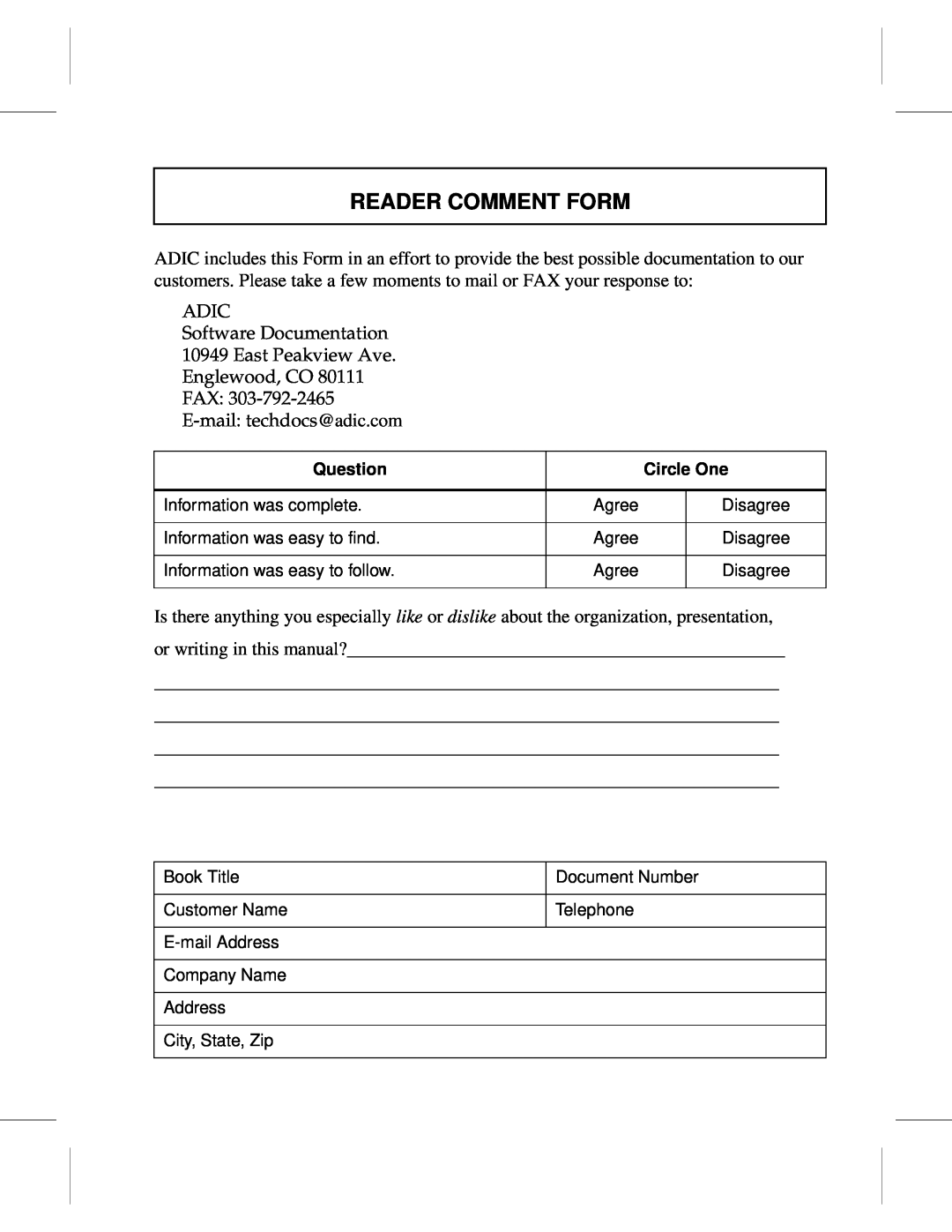 ADIC 601356 manual Reader Comment Form 