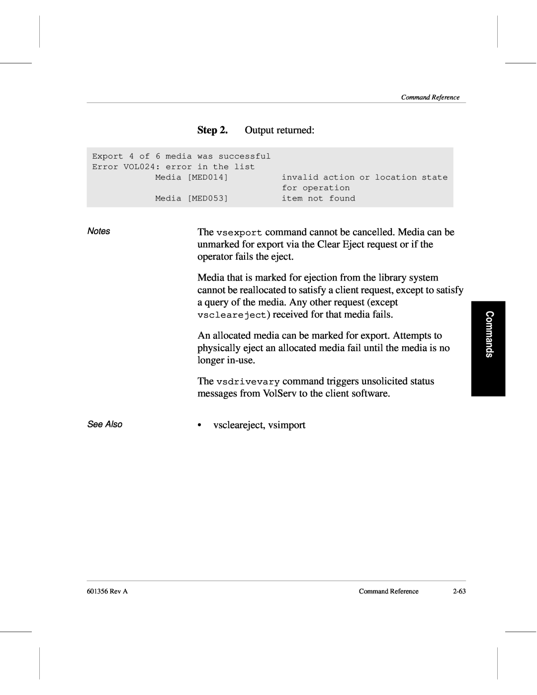 ADIC 601356 manual vscleareject, vsimport, Commands 