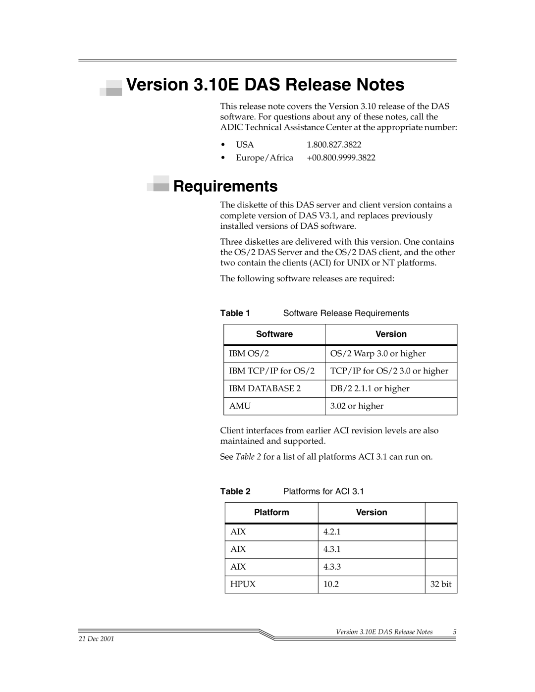 ADIC DAS V3.10E manual Requirements, Software Version, Platform Version 