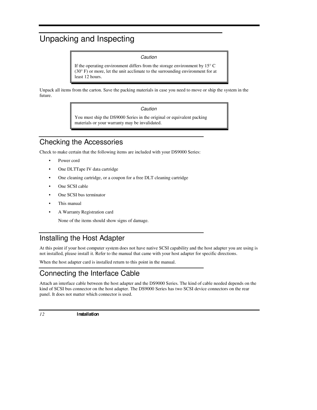ADIC DS9000 Series manual Unpacking and Inspecting, Checking the Accessories, Installing the Host Adapter, 12Installation 