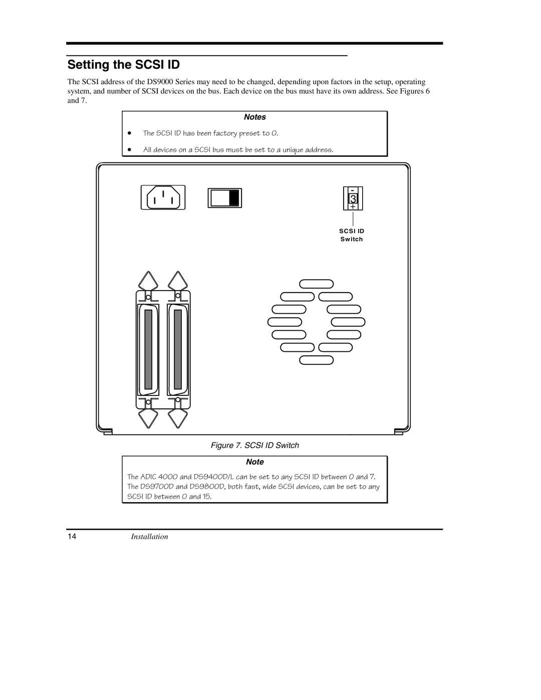 ADIC DS9000 Series manual Setting the Scsi ID, 14Installation 