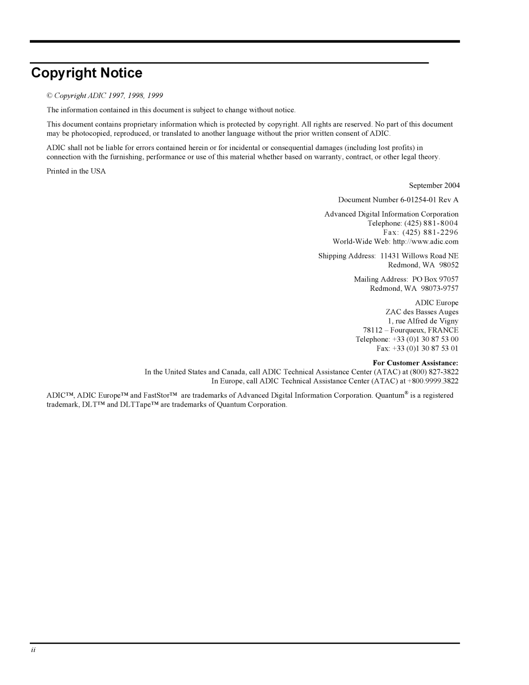 ADIC FastStor Mass Storage Device manual Copyright Notice, Copyright Adic 1997, 1998 