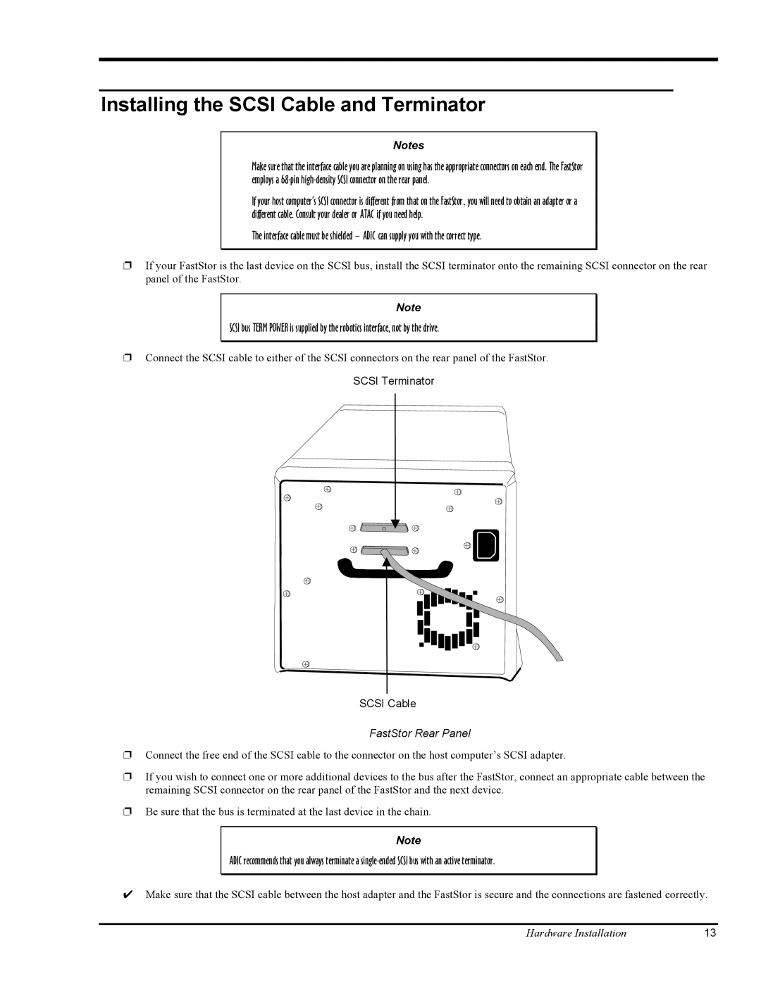 ADIC FastStor Mass Storage Device manual Installing the Scsi Cable and Terminator, FastStor Rear Panel 