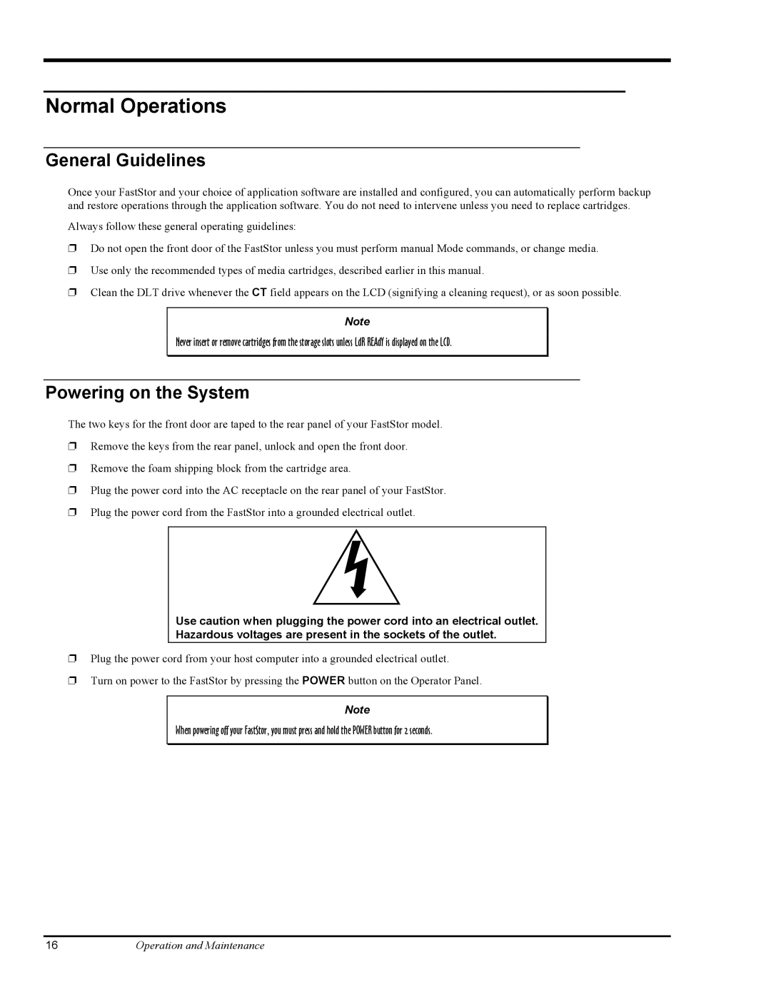 ADIC FastStor Mass Storage Device manual Normal Operations, General Guidelines, Powering on the System 